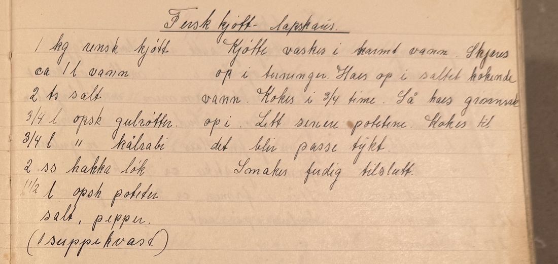 Fersk kjøtt- lapskaus., Mors egen skrift