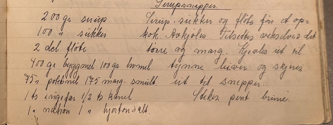 Sirupsnipper., Mors egen skrift