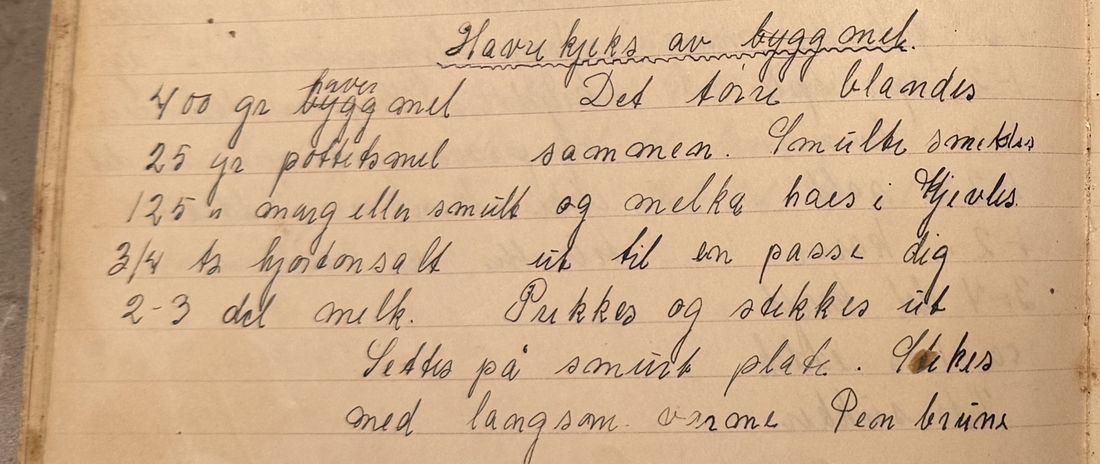 Havrekjeks av byggmel., Mors egen skrift