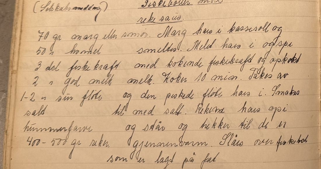 Fiskeboller med rekesaus., Mors egen skrift