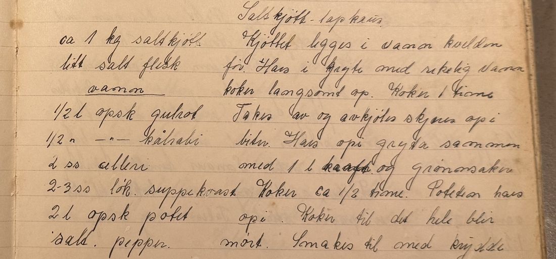 Saltkjøtt-lapskaus., Mors egen skrift