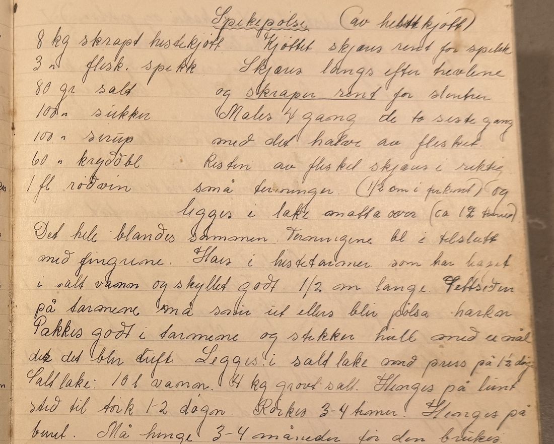 Spekepølse (av hestekjøtt), Mors egen skrift