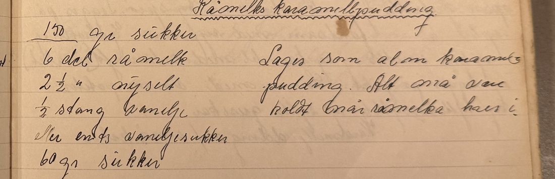 Råmelks karamellpudding, Mors egen skrift