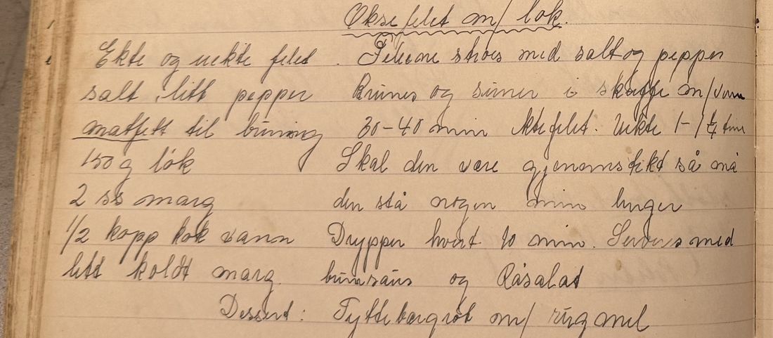 Okse filet m/ løk., Mors egen skrift