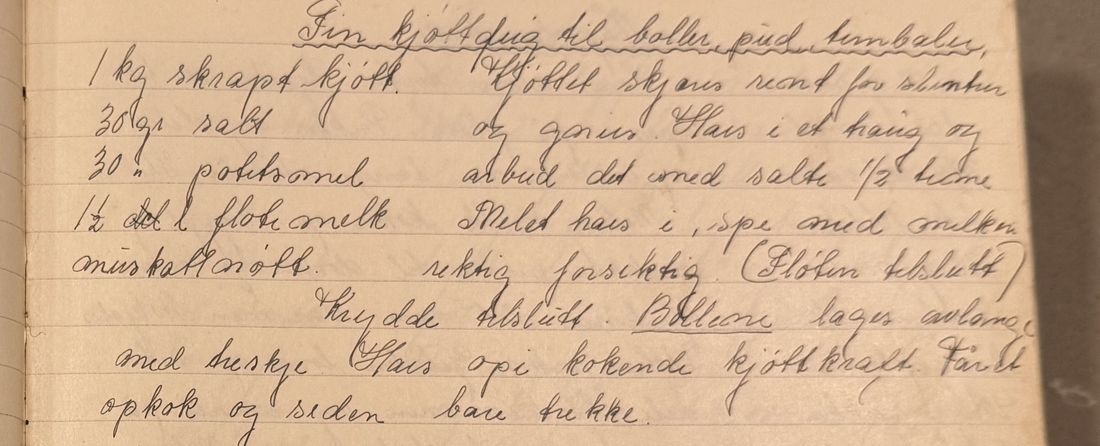 Fin kjøttdeig til boller. pud. timbaler,, Mors egen skrift