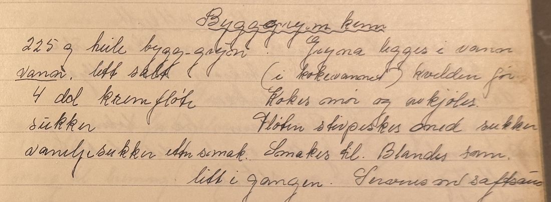 Bygg-gryn. m krem, Mors egen skrift