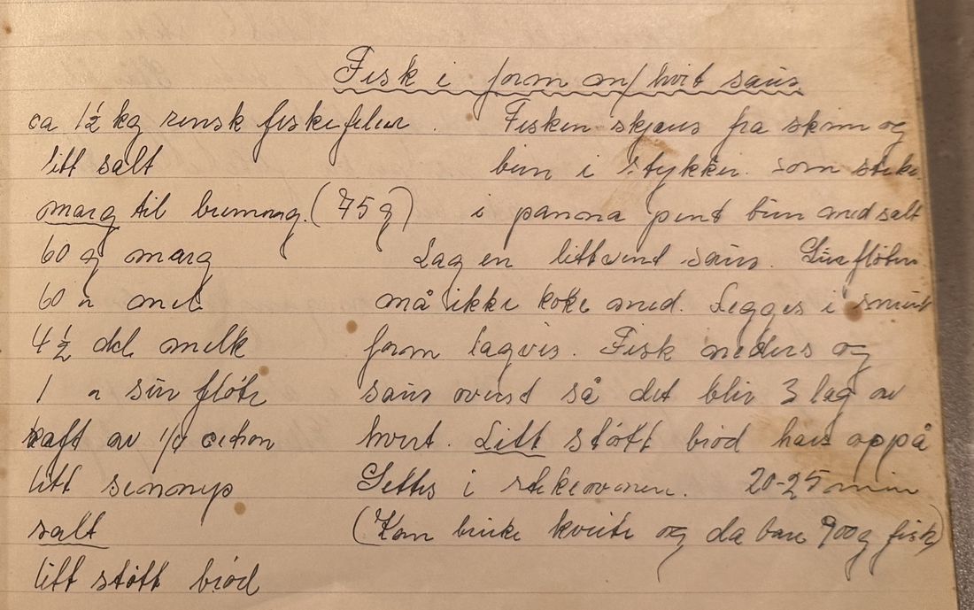 Fisk i form m/ hvit saus, Mors egen skrift