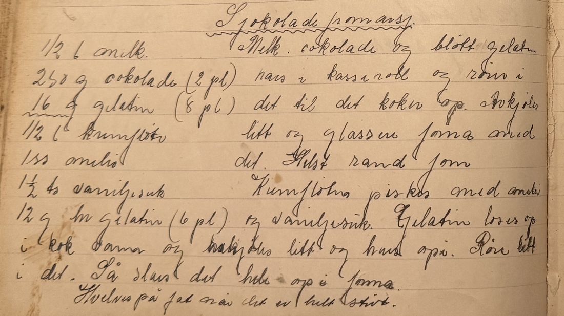 Sjokolade fromasj, Mors egen skrift